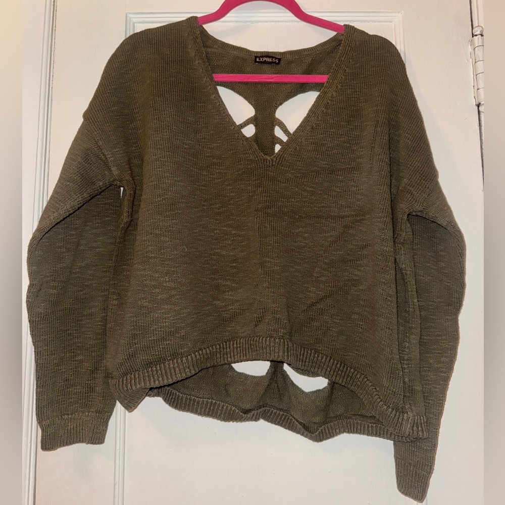 Large Express Mossy Green Cotton Sweater with Ripped Back